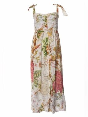 Juliet Dunn London Embroidered Cotton Midi Dress Ivory Botanical Print Tie Strap